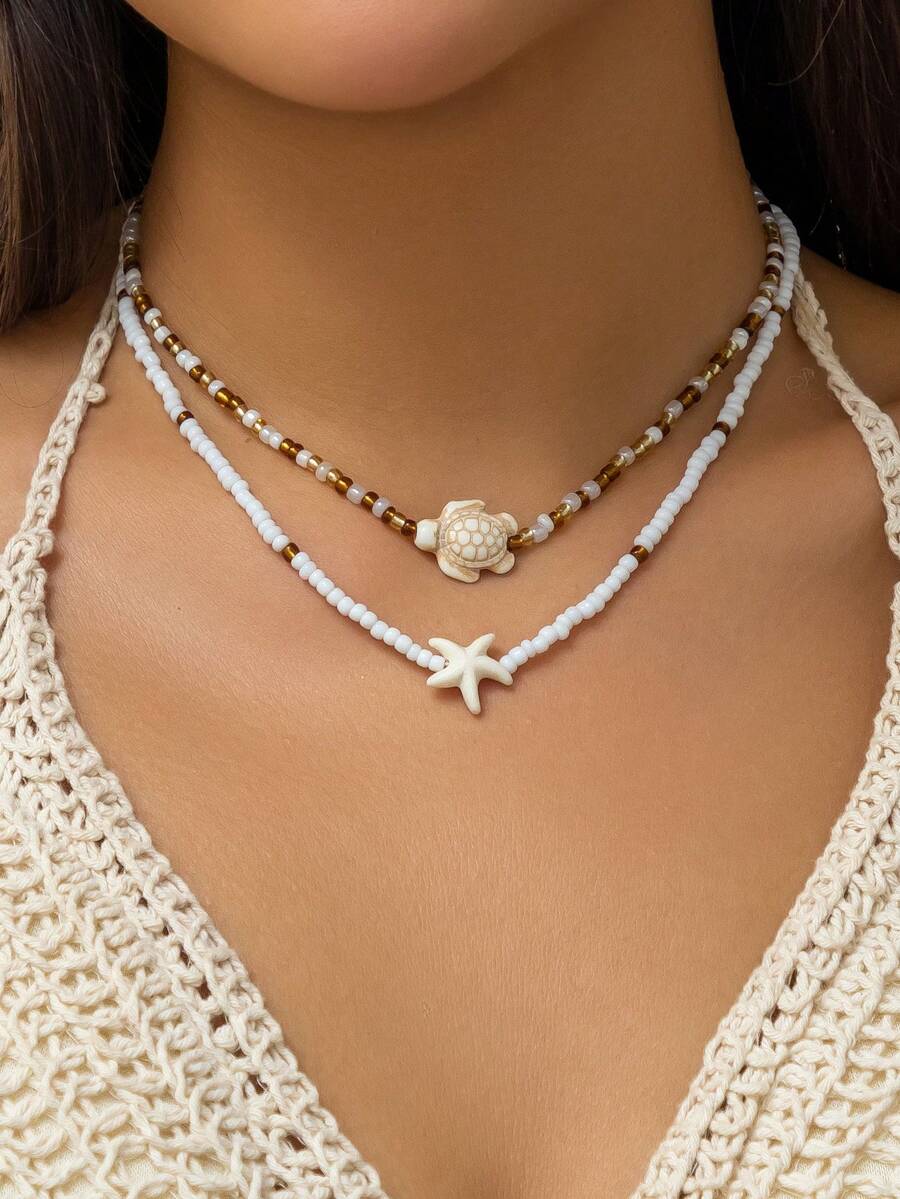 Vintage Necklace - 2pcs Vintage Bohemian Style Starfish &