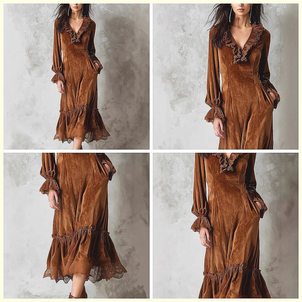 Vintage Velvet Maxi Dress V-Ne - Vintage Necklace บทวิจารณ์และราคา