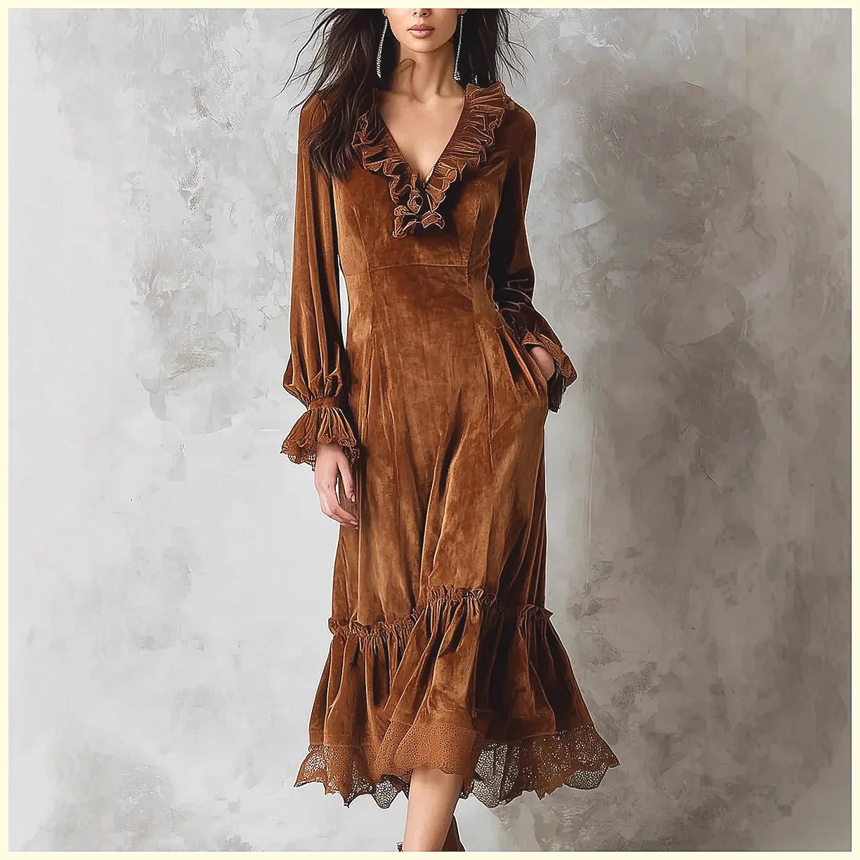 Vintage Velvet Maxi Dress V-Ne - Vintage Necklace บทวิจารณ์และราคา