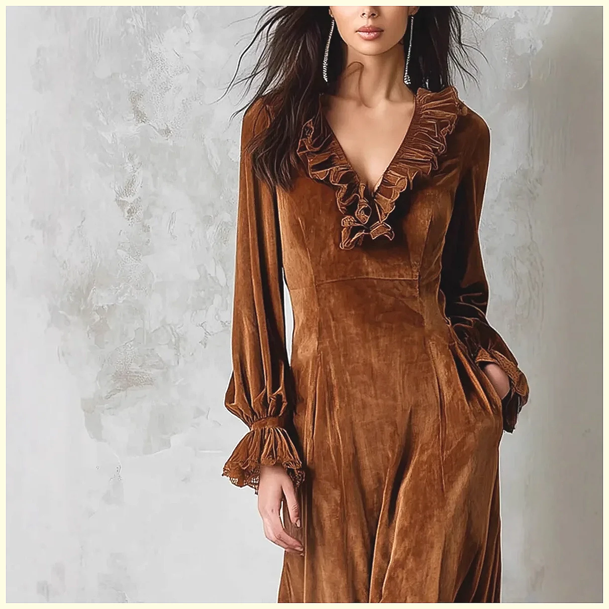 Vintage Velvet Maxi Dress V-Ne - Vintage Necklace บทวิจารณ์และราคา